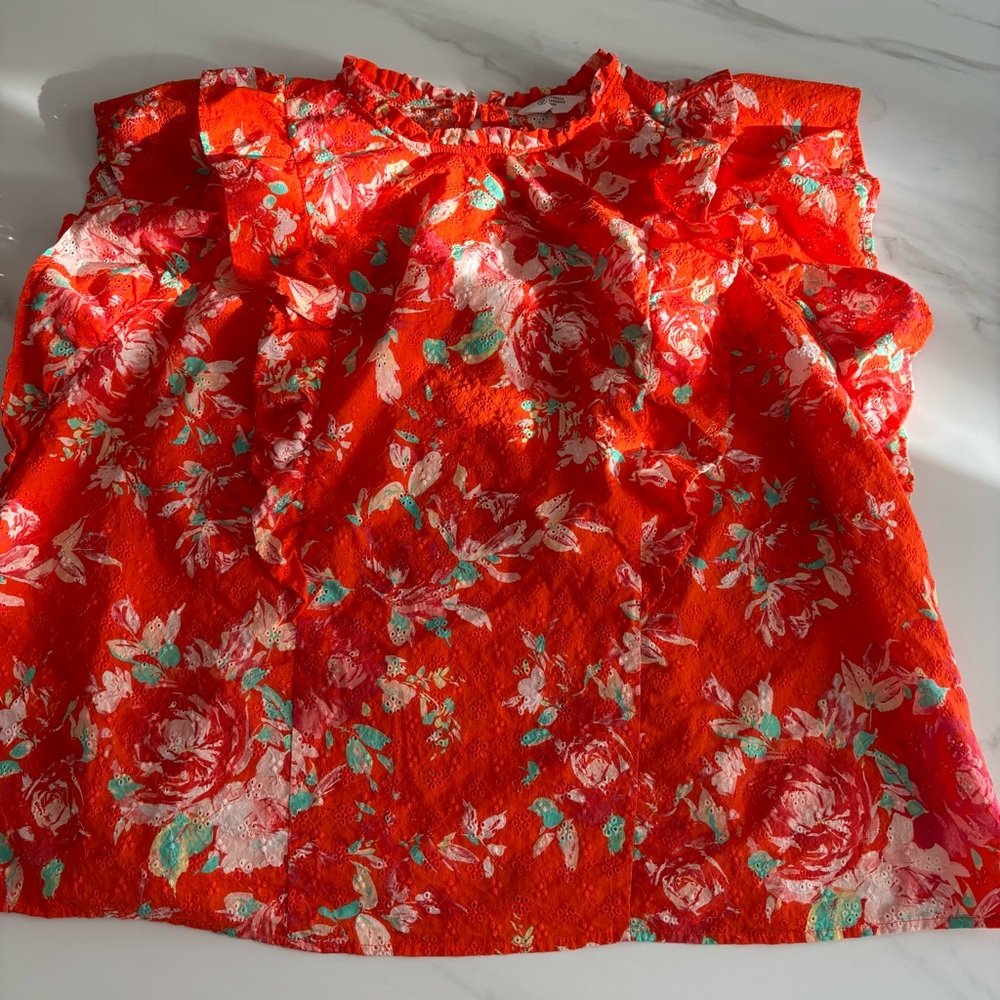 QVC Candace Cameron Bure Printed Eyelet Top with Ruffle Detail sz 3XL